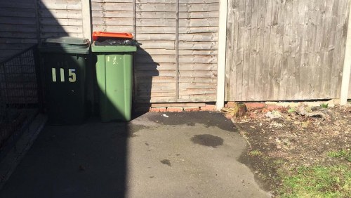 A photograph showing two large wheelie bins placed on a paved surface next to a wooden fence. The left bin is dark green and labeled with the number '115', with a closed black lid and a small orange item resting on top. The right bin is also green, located directly beside the first, with a closed lid. The fence behind the bins consists of vertical wooden planks, with some weathering visible. To the right of the bins, there is an area of bare ground with some patches of dirt and a few small plants or weeds growing near the base of the fence. The paved surface has some dark stains or patches, and the scene is illuminated by natural daylight, casting shadows to the left side of the bins. This setting likely depicts part of a residential or commercial property in Spitalfields, ready for rubbish collection or waste disposal managed by Commercial Waste Spitalfields.
